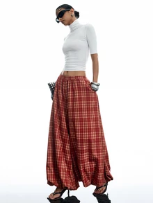 LYSMO Women's Plaid Casual Versatile Daily Lantern Pants - Red - View 7