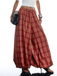 LYSMO Women's Plaid Casual Versatile Daily Lantern Pants - Red - View 4