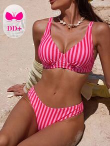 Voyashape Set Bikini Wanita Seksi DD+ Push-Up Underwire Fashion Motif Bunga Kecil Bolak-balik, Musim Semi/Panas - Berwarna merah muda - View 7