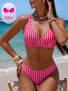 Voyashape Set Bikini Wanita Seksi DD+ Push-Up Underwire Fashion Motif Bunga Kecil Bolak-balik, Musim Semi/Panas - Berwarna merah muda - View 6