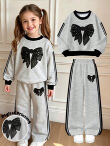 蝴蝶結圖案運動衫套裝，適合 4-7 歲女孩秋冬穿著，舒適可愛休閒日常風格 - 彩色 - 查看 3