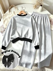 蝴蝶結圖案運動衫套裝，適合 4-7 歲女孩秋冬穿著，舒適可愛休閒日常風格 - 彩色 - 查看 2
