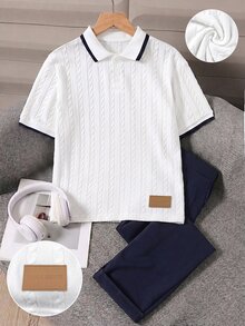 Boys' 2 Pieces Polo Set, Top With All-Over 3D Cable Knit Texture, Ribbed Black Trim On Collar And Cuffs, Small Leather Patch Detail On Hem, Paired With Navy Blue Straight-Leg Pants, Minimalist Clean Design, Fresh Preppy Style, Warm Fleece Fabric - Multicolor - View 7