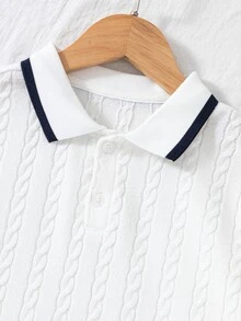Boys' 2 Pieces Polo Set, Top With All-Over 3D Cable Knit Texture, Ribbed Black Trim On Collar And Cuffs, Small Leather Patch Detail On Hem, Paired With Navy Blue Straight-Leg Pants, Minimalist Clean Design, Fresh Preppy Style, Warm Fleece Fabric - Multicolor - View 4