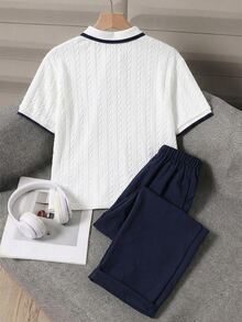 Boys' 2 Pieces Polo Set, Top With All-Over 3D Cable Knit Texture, Ribbed Black Trim On Collar And Cuffs, Small Leather Patch Detail On Hem, Paired With Navy Blue Straight-Leg Pants, Minimalist Clean Design, Fresh Preppy Style, Warm Fleece Fabric - Multicolor - View 2