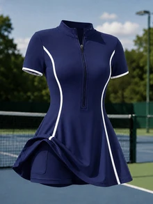 CourtClass CourtClass 一套藏蓝色无缝女士运动连衣裙，立领，拉链设计，柔软舒适，适合健身、跑步、休闲、瑜伽等场合。 - 藏蓝色 - 查看 4