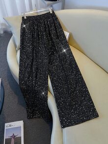 GlowEve CURVE 大尺碼女款幻彩雪紡寬腿褲，休閒性感優雅度假風，適合春夏電音夜派對、黑色派對、正式場合與辦公穿著 - 黑色 - 查看 3