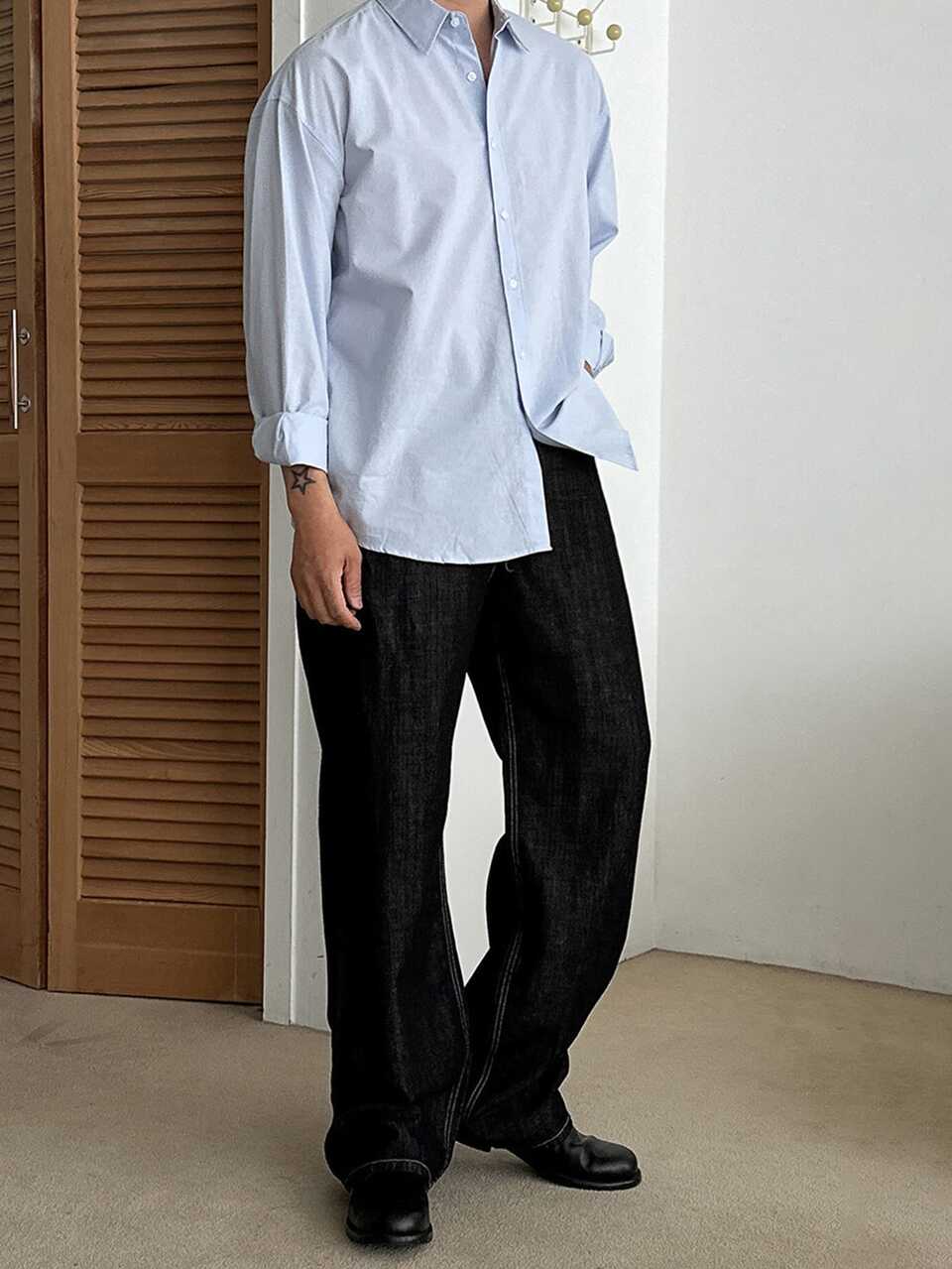 Spring/Autumn Black Raw Denim Straight Leg Men's Jeans Without Belt
