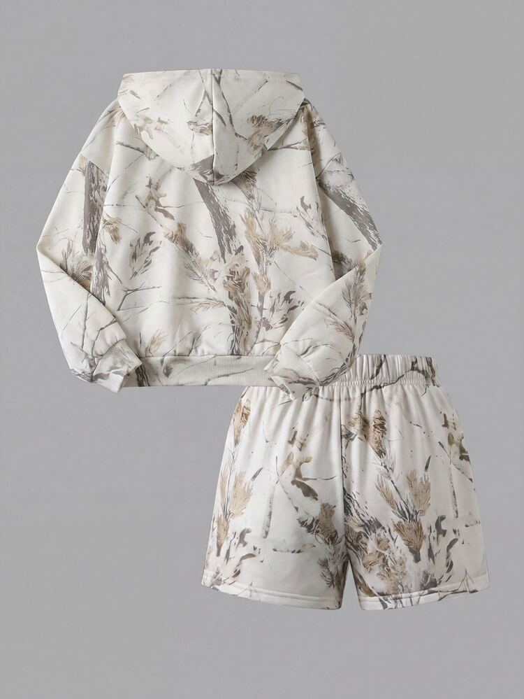 SHEIN Girls' Sweatshirt Set, Fall Outfits, Branch Print Loose Crew Neck Sweatshirt +Shorts, Fashionable Early Autumn New Arrival, Casual, Streetwear - Apricot - View 5
