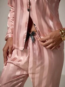 DreamPoppy Striped Jacquard Women Long Sleeve Top & Long Pants Pajama Set, Fall Winter Clothes - Pink - View 7
