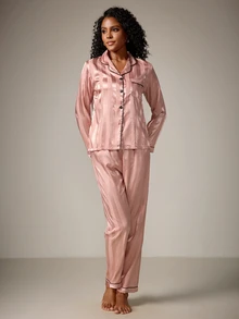 DreamPoppy Striped Jacquard Women Long Sleeve Top & Long Pants Pajama Set, Fall Winter Clothes - Pink - View 3