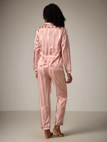 DreamPoppy Striped Jacquard Women Long Sleeve Top & Long Pants Pajama Set, Fall Winter Clothes - Pink - View 2