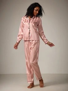 DreamPoppy Striped Jacquard Women Long Sleeve Top & Long Pants Pajama Set, Fall Winter Clothes - Pink - View 8