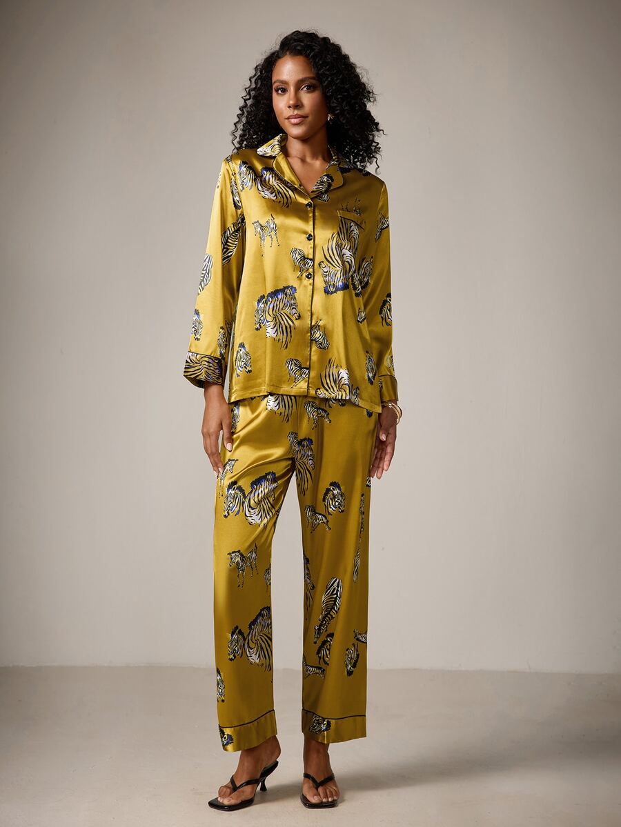 DreamPoppy 2pcs Zebra Pattern Versatile Minimalist Commuting Lapel Long Sleeve Top And Pants Women Pajama Set, Mother's Day - Ginger - View 1