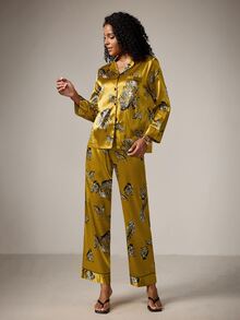 DreamPoppy 2pcs Zebra Pattern Versatile Minimalist Commuting Lapel Long Sleeve Top And Pants Women Pajama Set, Mother's Day - Ginger - View 5