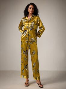DreamPoppy 2pcs Zebra Pattern Versatile Minimalist Commuting Lapel Long Sleeve Top And Pants Women Pajama Set, Mother's Day - Ginger - View 4