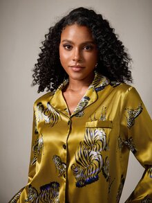 DreamPoppy 2pcs Zebra Pattern Versatile Minimalist Commuting Lapel Long Sleeve Top And Pants Women Pajama Set, Mother's Day - Ginger - View 8