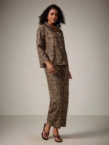 DreamPoppy 2pcs Women Leopard Print Loose Casual Long Sleeve Top + Pants Pajama Set - Brown - View 7