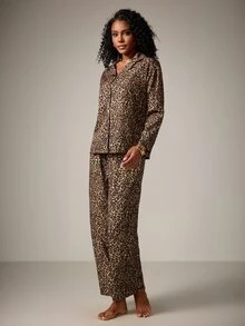 DreamPoppy 2pcs Women Leopard Print Loose Casual Long Sleeve Top + Pants Pajama Set - Brown - View 5
