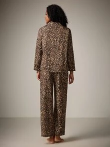 DreamPoppy 2pcs Women Leopard Print Loose Casual Long Sleeve Top + Pants Pajama Set - Brown - View 3