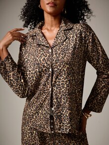 DreamPoppy 2pcs Women Leopard Print Loose Casual Long Sleeve Top + Pants Pajama Set - Brown - View 9