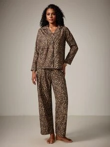 DreamPoppy 2pcs Women Leopard Print Loose Casual Long Sleeve Top + Pants Pajama Set - Brown - View 4