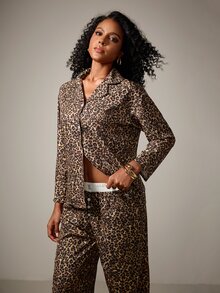 DreamPoppy 2pcs Women Leopard Print Loose Casual Long Sleeve Top + Pants Pajama Set - Brown - View 8