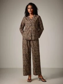 DreamPoppy 2pcs Women Leopard Print Loose Casual Long Sleeve Top + Pants Pajama Set - Brown - View 6