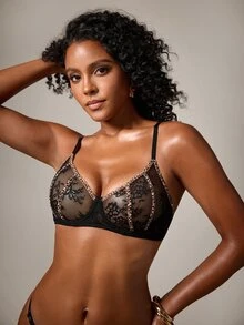 DreamPoppy 1 Set Women's Patchwork Underwire Thin Cup Comfortable Lingerie Set - Black - View 9