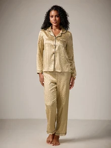 DreamPoppy Champagne Leopard Print Jacquard Women's Long Sleeve Long Pants Pajama Set - Gold - View 4