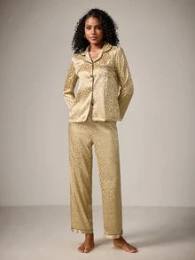 DreamPoppy Champagne Leopard Print Jacquard Women's Long Sleeve Long Pants Pajama Set - Gold - View 5