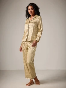 DreamPoppy Champagne Leopard Print Jacquard Women's Long Sleeve Long Pants Pajama Set - Gold - View 3