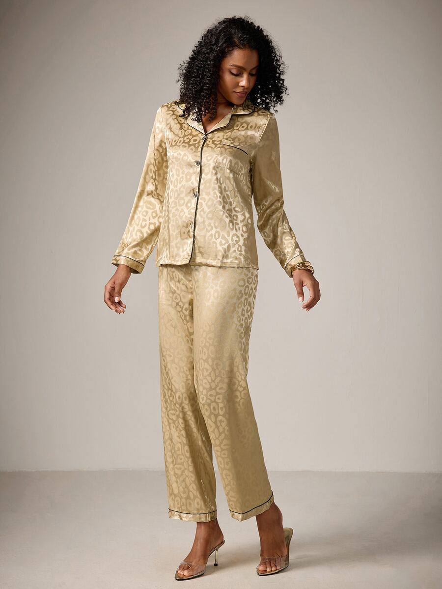 DreamPoppy Champagne Leopard Print Jacquard Women's Long Sleeve Long Pants Pajama Set - Gold - View 1
