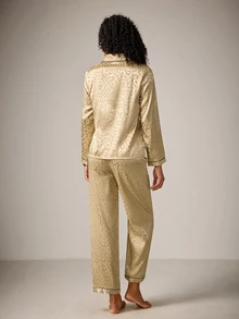 DreamPoppy Champagne Leopard Print Jacquard Women's Long Sleeve Long Pants Pajama Set - Gold - View 2