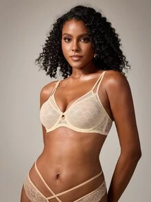 DreamPoppy Women's Balconette Lace Unlined Fake Two-Piece Thin Printed Sheer Non-Padded Lingerie - Apricot - View 4