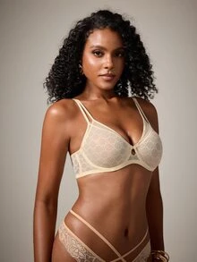 DreamPoppy Women's Balconette Lace Unlined Fake Two-Piece Thin Printed Sheer Non-Padded Lingerie - Apricot - View 5