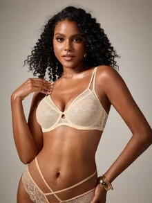 DreamPoppy Women's Balconette Lace Unlined Fake Two-Piece Thin Printed Sheer Non-Padded Lingerie - Apricot - View 3