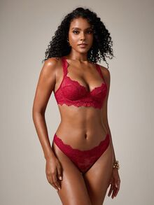 DreamPoppy Women's Burgundy Floral Lace Sheer Mesh Underwire Bra Set, Unlined Lingerie 2 Pieces Set - Red - View 4