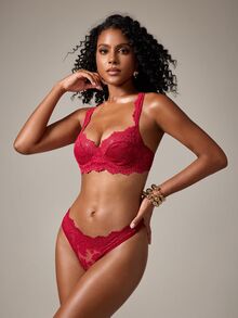 DreamPoppy Women's Burgundy Floral Lace Sheer Mesh Underwire Bra Set, Unlined Lingerie 2 Pieces Set - Red - View 1