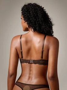 DreamPoppy 1set Women's Solid Color Lace Underwired Bra & Panty Set - Chocolate Brown - View 2
