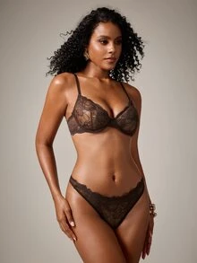 DreamPoppy 1set Women's Solid Color Lace Underwired Bra & Panty Set - Chocolate Brown - View 4