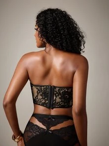DreamPoppy JSE Elegant Floral Printed Lace Ruffle Trim Backless Cute Bustier Top - Fitted Corset Close Button - Black - View 2