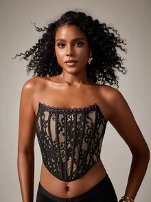 DreamPoppy JSE Elegant Floral Printed Lace Ruffle Trim Backless Cute Bustier Top - Fitted Corset Close Button - Black - View 6