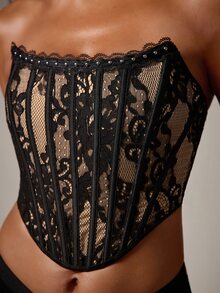 DreamPoppy JSE Elegant Floral Printed Lace Ruffle Trim Backless Cute Bustier Top - Fitted Corset Close Button - Black - View 8