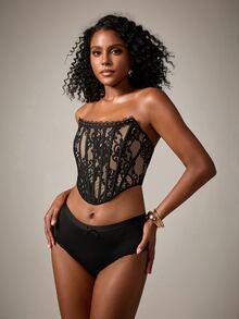 DreamPoppy JSE Elegant Floral Printed Lace Ruffle Trim Backless Cute Bustier Top - Fitted Corset Close Button - Black - View 3