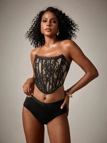 DreamPoppy JSE Elegant Floral Printed Lace Ruffle Trim Backless Cute Bustier Top - Fitted Corset Close Button - Black - View 4