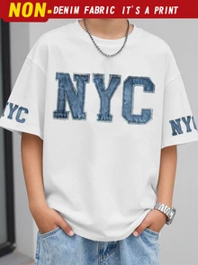 SHEIN 1件8-12岁男童复古美式/休闲百搭纽约字母印花白色圆领短袖T恤，简约实用，适合日常穿着、上学、休闲外出、春夏秋季。 - 白色 - 查看 6
