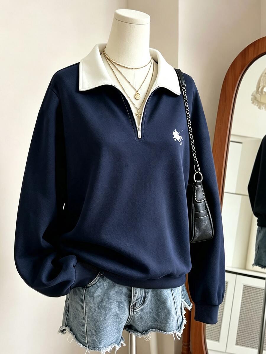 Sweatshirt Logo Pony, Cocok Untuk Anak Perempuan Usia 13-16 Tahun di Musim Gugur/Dingin, Gaya Kasual Minimalis Nyaman untuk Sehari-hari - MultiWarna - View 1