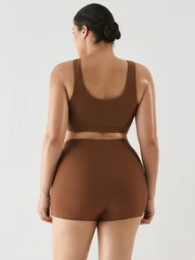 YARNWELL Plus Size Women's Casual Solid Color Swim Shorts - Brown - View 6
