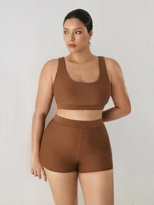 YARNWELL Plus Size Women's Casual Solid Color Swim Shorts - Brown - View 8